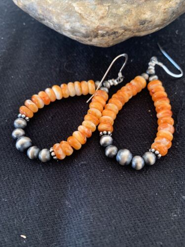 Southwestern Sterling Silver Navajo Pearl Spiny Oyster Bead Earrings | 2" | Authentic Native American Handmade | 854