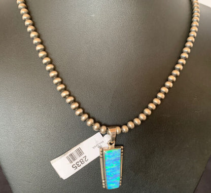 Blue Opal Inlay Necklace Pendant | Navajo Pearls | Sterling Silver | Authentic Native American Handmade | 2835 - Masha USA