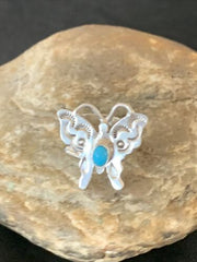 Navajo Blue Turquoise Butterfly Ring | Sterling Silver | Sz Adj 7 | Authentic Native American Handmade | 10677