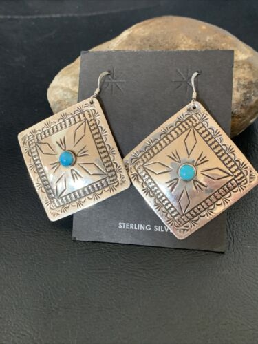 Navajo Blue Turquoise Earrings | Stamped Sterling Silver | Authentic Native American Handmade | 12912
