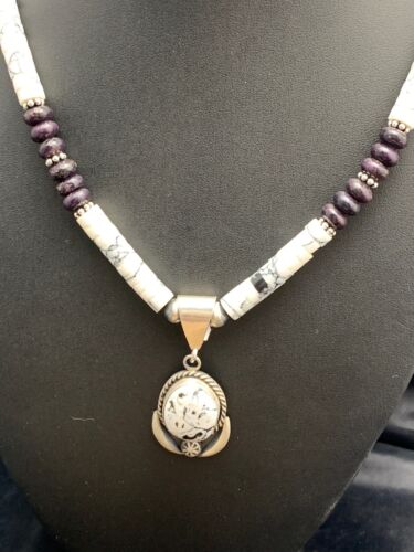 Navajo Purple Sugilite & Howlite Bead Necklace | Sterling Silver | Authentic Native American Handmade | 4606
