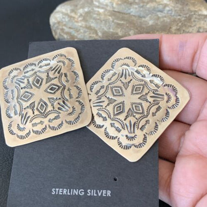 Southwestern Women's Navajo Earrings | Sterling Silver Stamped | Authentic Native American Handmade | 1676