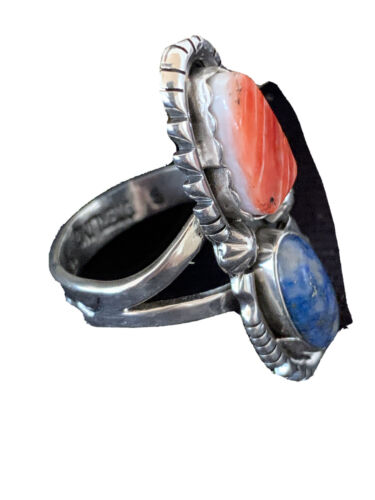 Navajo Red Spiny Oyster, Lapis, and Multi-Stone Ring | Authentic Native American Sterling Silver | Sz 10.5 | 1077