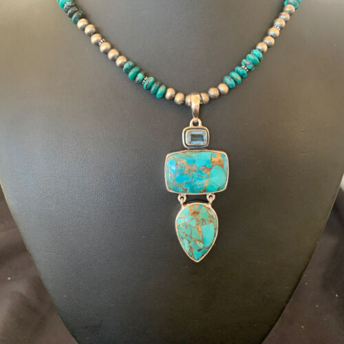 Navajo Pearls Sterling Silver Necklace with Blue Mojave AZ Turquoise Pendant | Multi-Stone | 11819