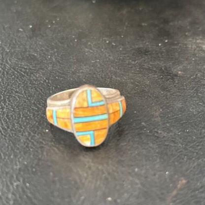 Southwestern Women's Navajo Blue Turquoise Spiny Oyster Inlay Ring | Sz 7 | 14556