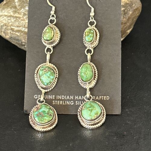 Navajo Green Sonoran Gold Turquoise Dangle Earrings | Sterling Silver | Authentic Native American Handmade | 14408