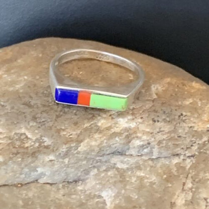 Native American Navajo Green Gaspiete Lapis Red Coral Inlay Ring | Sz 7 | 11139 - Masha USA