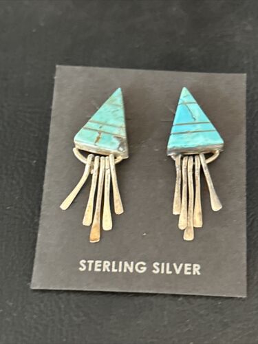 Navajo Blue Turquoise Inlay Earrings | Sterling Silver | 1" | Authentic Native American Handmade | 14774