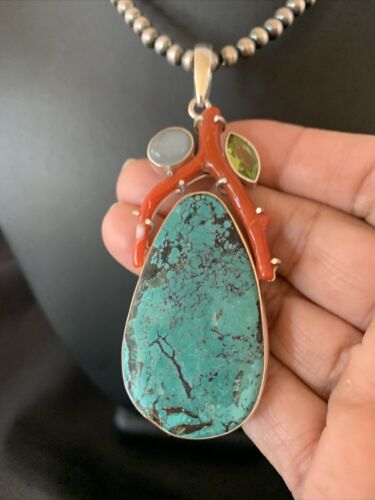 Navajo Pearl Spiderweb Turquoise Coral Pendant Necklace | Authentic Native American Sterling Silver | Multi-Stone | 11812