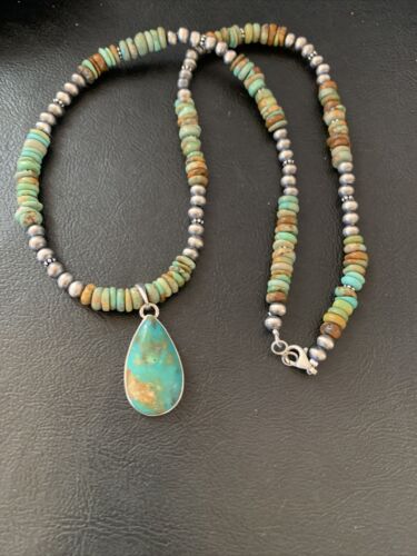 Navajo Green Turquoise Pendant Necklace | Sterling Silver | Authentic Native American Handmade | 11779