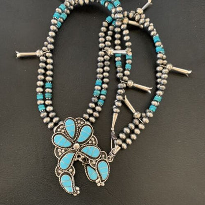 Zuni Sleeping Beauty Turquoise Inlay Necklace | Sterling Silver Squash Blossom | 12232