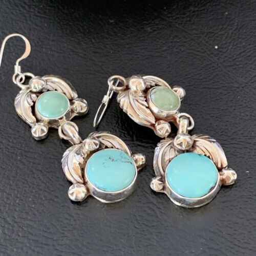 Navajo Blue Green Dry Creek Turquoise Dangle Earrings | Sterling Silver | Authentic Native American Handmade | 1485