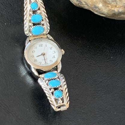 Navajo Sterling Silver Watch Tips with Blue Kingman Turquoise | Stretch Band | Authentic Native American Jewelry | 11578