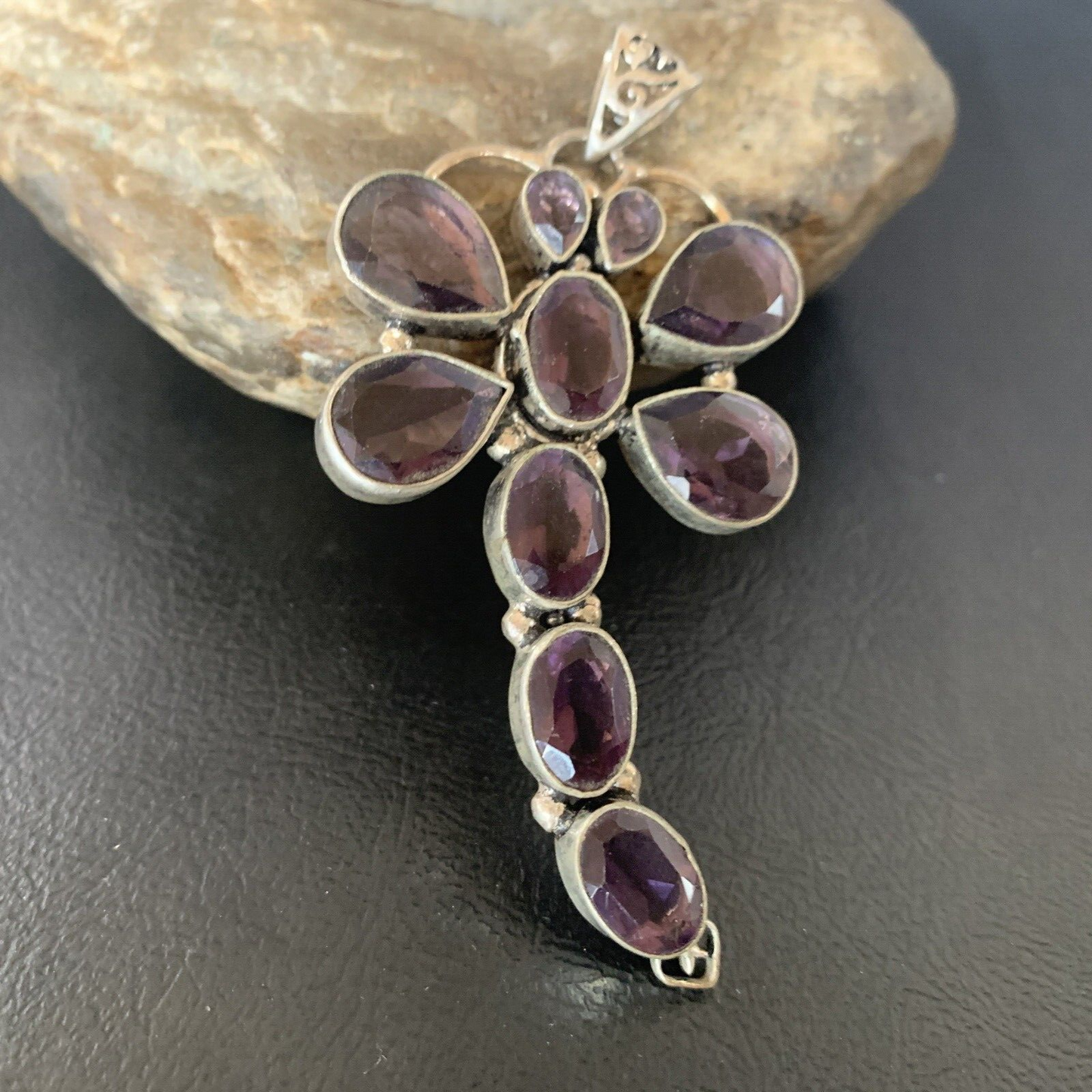 Large Dragonfly Pendant 3"| Faceted Amethyst Gems Cluster | Multi-Stone Sterling Silver| 12737