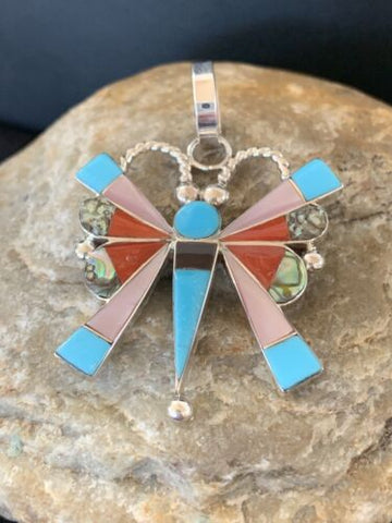 Zuni Turquoise Spiny Mop Butterfly Sterling Silver Necklace Pin Pendant 1366