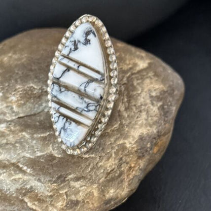 Navajo White Buffalo Turquoise Inlay Ring | Sterling Silver | Sz 8.5 | Authentic Native American Handmade | 14553