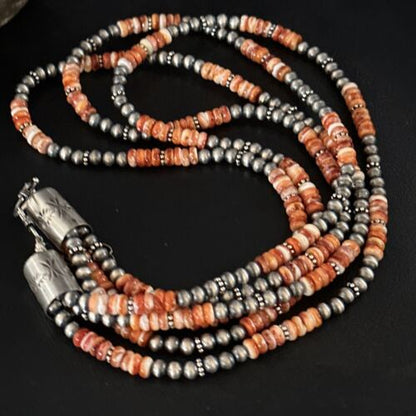 Navajo Pearls Necklace | Sterling Silver | Orange Spiny Oyster | 3-Strand | 22" | 14675
