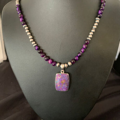 Navajo Pearl Purple Mojave Turquoise Onyx Pendant Necklace | Sterling Silver | Native American Handmade | 13402