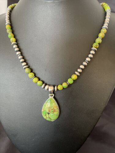 Women's Navajo Pearl Necklace with Green Mojave Turquoise Pendant | Sterling Silver | Native American Handmade | 10581