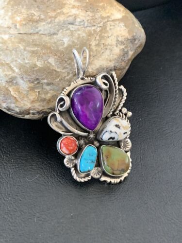 Navajo Sugilite, White Buffalo Turquoise, Spiny Oyster Multi-Stone Pendant | Authentic Native American Sterling Silver | Multi-Stone | 1224