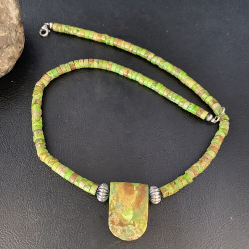Navajo Green Gaspeite Turquoise Pendant | Sterling Silver | Authentic Native American Handmade | 13914 - Masha USA