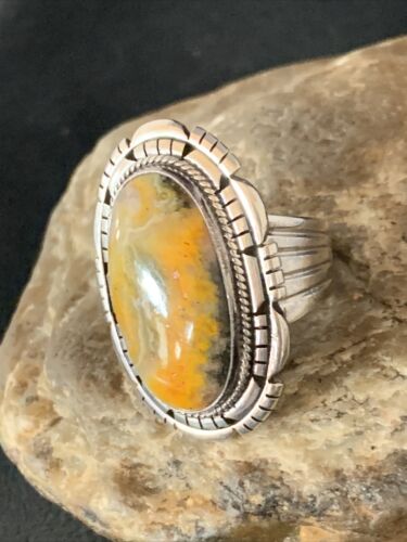 Navajo Yellow Bumble Bee Jasper Ring | Sterling Silver | Sz 8.75 | Authentic Native American Handmade | 13778
