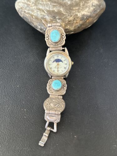 Old Pawn Women's Blue Turquoise Navajo Sterling Silver Watch Tips | Authentic Native American Jewelry | 14757