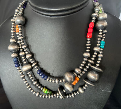 4mm - 16mm Mixed Gauge Sterling Silver Navajo Pearls | Multi-Color Bead | Authentic Native American Handmade Necklace | Length 18"-96"