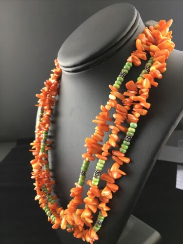 Navajo Pearls 3-Strand Necklace | Sterling Silver Orange Coral | 19" | Authentic Native American Handmade | 10042