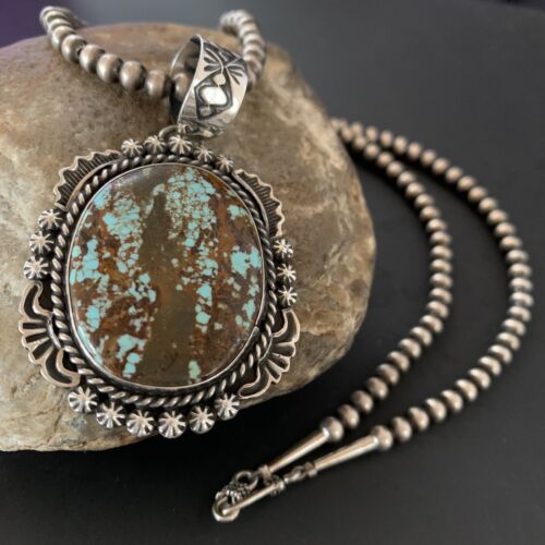 Navajo Pearls Sterling Silver Necklace with Blue Turquoise #8 Pendant | Authentic Native American Handmade | 11297
