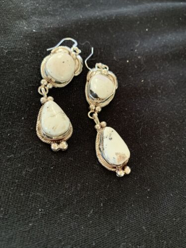 Navajo White Buffalo Turquoise Dangle Earrings | Sterling Silver | 2.50" | Authentic Native American Handmade | 1665