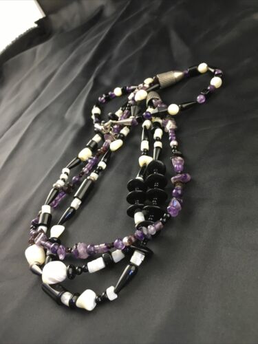 Navajo Black Onyx Mother of Pearl 3-Strand Turquoise Bead Necklace | Sterling Silver | 27" | 10150