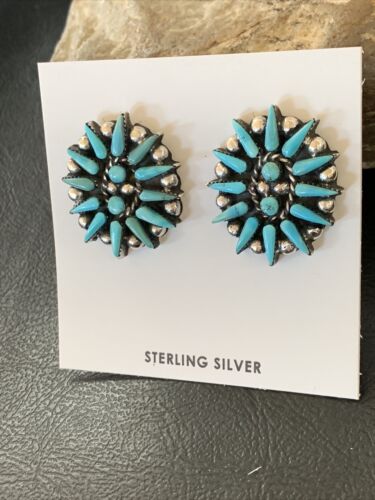 Navajo Blue Cluster Turquoise Stud Post Earrings | Sterling Silver | Authentic Native American Handmade | 12302