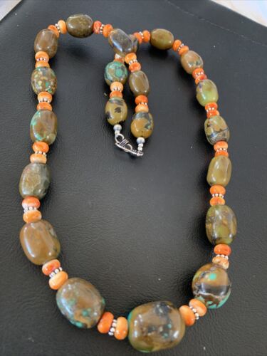 Navajo Green Turquoise & Orange Spiny Oyster Necklace | Sterling Silver | 23" | Authentic Native American Handmade | 1848