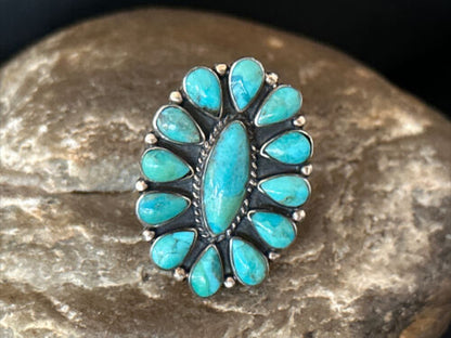 Navajo Blue Turquoise Cluster Ring | Authentic Native American Sterling Silver | Multi-Stone | Sz 9 | 14265