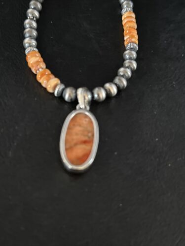 Navajo Orange Spiny Oyster Pendant Necklace | Sterling Silver Naja | Authentic Native American Handmade | 14301