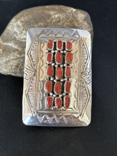 Navajo Red Coral Belt Buckle Concho | Sterling Silver | Authentic Native American Handmade | 14798