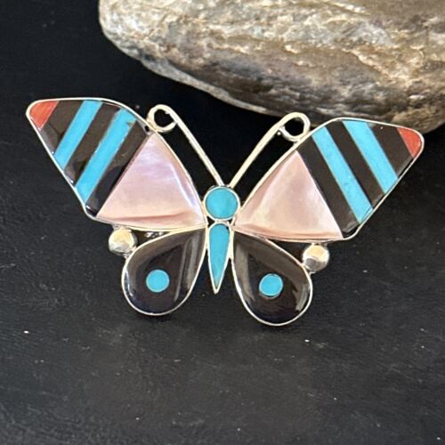 Zuni Butterfly Inlay Ring | Coral Turquoise Onyx Mother of Pearl | Sz 7 | Sterling Silver | 14436
