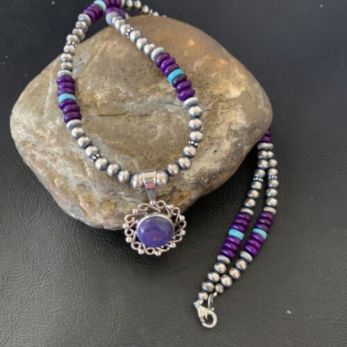 Women's Navajo Blue Turquoise Purple Sugilite Pendant Necklace | Sterling Silver | Native American Handmade | 12621