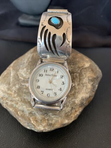 Men's Navajo Bear Paw Watch Tips | Sterling Silver & Blue Turquoise Band | Authentic Native American Jewelry | 11575