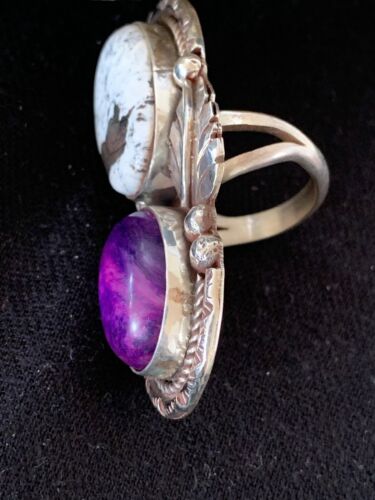 Navajo White Buffalo Turquoise & Sugilite Ring | Authentic Native American Sterling Silver | Multi-Stone | Sz 9.5 | 00309