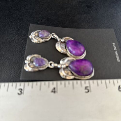 Navajo Purple Sugilite Dangle Earrings | Sterling Silver | 2" | Authentic Native American Handmade | 14403
