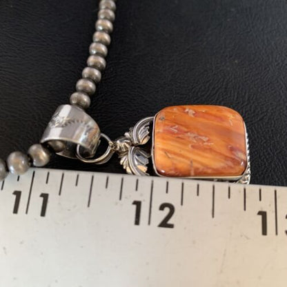 Navajo Orange Spiny Oyster Pendant | Sterling Silver | Authentic Native American Handmade | 13638