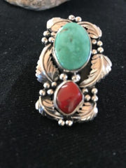 Navajo Royston Turquoise Coral Multi-Stone Men's Ring | Authentic Native American Sterling Silver | Sz 8 | 02218