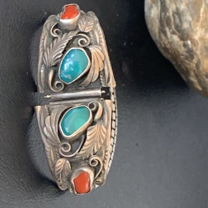 Navajo Sterling Silver Watch Tips | Old Pawn Turquoise & Coral Band | Authentic Native American Jewelry | 11931