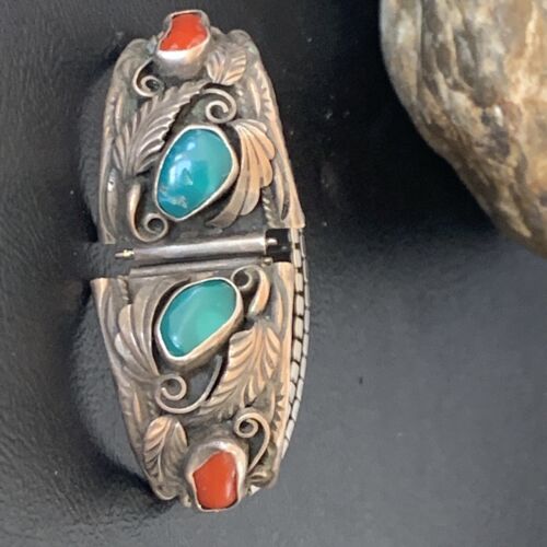 Navajo Sterling Silver Watch Tips | Old Pawn Turquoise & Coral Band | Authentic Native American Jewelry | 11931