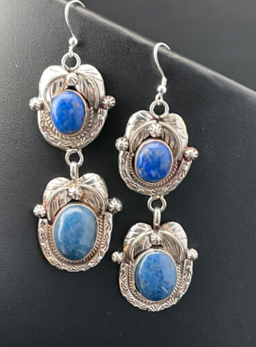 Southwestern Navajo Denim Lapis Dangle Earrings | Sterling Silver | 2" | 01798