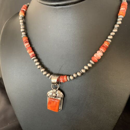 Navajo Pearls Red Spiny Oyster Pendant Necklace | Sterling Silver | 20" | Authentic Native American Handmade | 13654