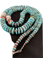Authentic Native American Navajo Sterling Silver Necklace | Blue Turquoise & Spiny Oyster | 32" | 01672