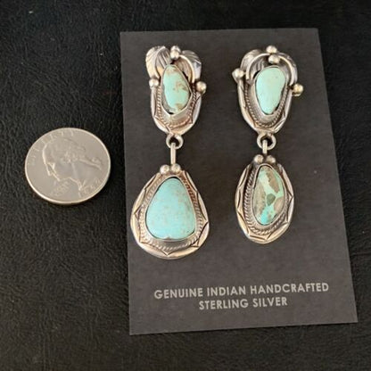 Navajo Blue Dry Creek Turquoise Post Dangle Earrings | Sterling Silver | Authentic Native American Handmade | 13877 - Masha USA